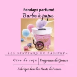 Étiquette du fondant parfumé 'Barbe à papa' à la cire de soja. L'illustration montre une petite machine à barbe à papa rose et des barbes à papa multicolores évoquant la fête foraine.