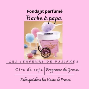 Étiquette du fondant parfumé 'Barbe à papa' à la cire de soja. L'illustration montre une petite machine à barbe à papa rose et des barbes à papa multicolores évoquant la fête foraine.