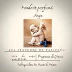 Étiquette du fondant parfumé 'Ange' à la cire de soja, inspiré du célèbre parfum Angel. L'illustration est une photo d'une statuette d'ange, évoquant un parfum gourmand, oriental et puissant.
