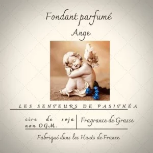 Étiquette du fondant parfumé 'Ange' à la cire de soja, inspiré du célèbre parfum Angel. L'illustration est une photo d'une statuette d'ange, évoquant un parfum gourmand, oriental et puissant.