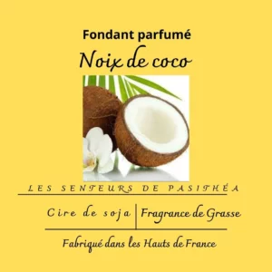Étiquette du fondant parfumé 'Noix de coco' à la cire de soja. L'illustration est une photo de noix de coco fraîche, évoquant un parfum exotique, gourmand et lacté