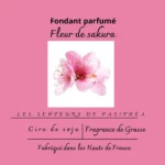 Étiquette du fondant parfumé 'Fleur de sakura' à la cire de soja. L'illustration est une photo de fleurs de cerisier du Japon, évoquant un parfum floral, doux et printanier.