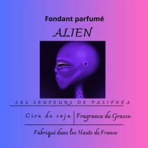 Étiquette du fondant parfumé 'ALIEN' à la cire de soja, inspiré du célèbre parfum. L'illustration est un portrait d'alien, évoquant une fragrance mystérieuse, florale et ambrée.