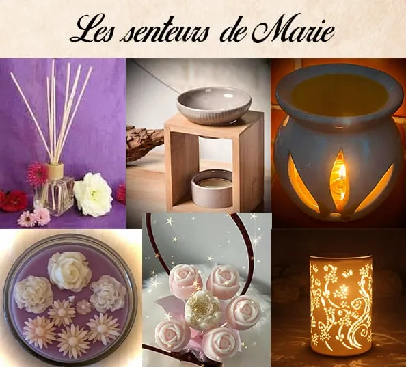 Montage photo présentant les créations parfumées de Pasithea Shop : bougies décoratives, diffuseurs de parfum, et brûleurs à cire artisanaux.