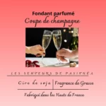 Étiquette du fondant parfumé 'Coupe de champagne' à la cire de soja. L'illustration montre deux personnes qui trinquent avec des flûtes de champagne pour célébrer un événement.