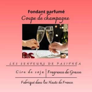 Étiquette du fondant parfumé 'Coupe de champagne' à la cire de soja. L'illustration montre deux personnes qui trinquent avec des flûtes de champagne pour célébrer un événement.
