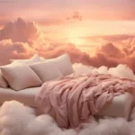 Étiquette du fondant parfumé 'Doux rêves' à la cire de soja. L'illustration onirique montre un lit flottant dans des nuages roses, évoquant un parfum apaisant pour le sommeil.
