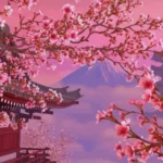 Étiquette du fondant parfumé 'Fleur de cerisier' (Sakura) à la cire de soja. L'illustration montre des cerisiers en fleurs au Japon avec un temple et le Mont Fuji, évoquant un parfum floral printanier.