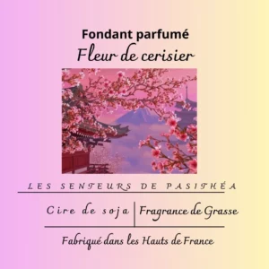 Étiquette du fondant parfumé 'Fleur de cerisier' (Sakura) à la cire de soja. L'illustration montre des cerisiers en fleurs au Japon avec un temple et le Mont Fuji, évoquant un parfum floral printanier.