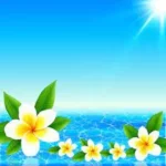 Étiquette du fondant parfumé 'Fleur des îles' à la cire de soja. L'illustration montre des fleurs de frangipanier devant une mer turquoise, évoquant un parfum exotique et solaire.