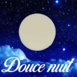 Étiquette du fondant parfumé 'Douce nuit' à la cire de soja. L'illustration montre un ciel de nuit étoilé avec une lune, évoquant un parfum apaisant pour le sommeil