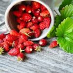 Étiquette du fondant parfumé 'Fraise des bois' à la cire de soja végétale. L'image est illustrée par une photo de fraises des bois fraîches débordant d'une tasse en métal.