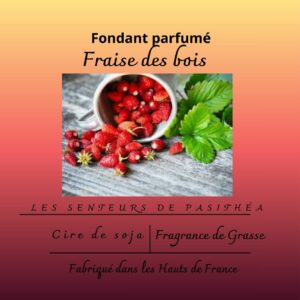 Étiquette du fondant parfumé 'Fraise des bois' à la cire de soja végétale. L'image est illustrée par une photo de fraises des bois fraîches débordant d'une tasse en métal.