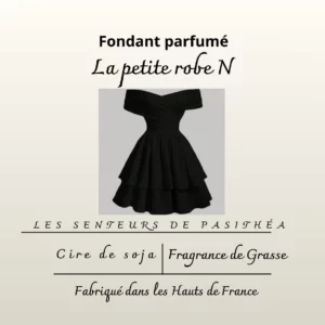 Étiquette du fondant parfumé 'La petite robe N', inspiré du parfum La Petite Robe Noire. L'illustration montre une petite robe noire chic, évoquant un parfum gourmand et féminin.