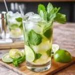 Étiquette du fondant parfumé 'Mojito' à la cire de soja. L'illustration est une photo d'un verre de cocktail Mojito, garni de menthe fraîche et de rondelles de citron vert.
