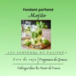 Étiquette du fondant parfumé 'Mojito' à la cire de soja. L'illustration est une photo d'un verre de cocktail Mojito, garni de menthe fraîche et de rondelles de citron vert.