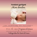 Étiquette du fondant parfumé 'Mon doudou' des Senteurs de Pasithéa, à la cire de soja et fragrance de Grasse. L'image montre un bébé endormi avec son doudou ours.
