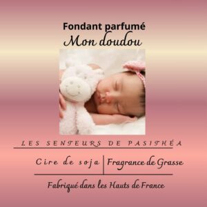 Étiquette du fondant parfumé 'Mon doudou' des Senteurs de Pasithéa, à la cire de soja et fragrance de Grasse. L'image montre un bébé endormi avec son doudou ours.