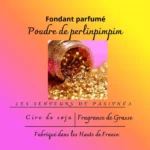 Étiquette du fondant parfumé 'Poudre de perlimpinpin' à la cire de soja. L'illustration est une photo de paillettes dorées, évoquant un parfum magique, pétillant et féérique