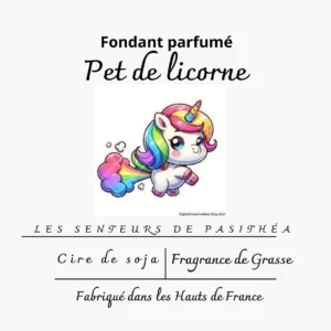 Étiquette du fondant parfumé humoristique 'Pet de licorne' à la cire de soja. L'illustration est un dessin de licorne arc-en-ciel, évoquant un parfum magique et sucré de bonbon.