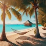 Étiquette du fondant parfumé 'Relaxation à Tahiti' à la cire de soja. L'illustration est une photo d'une plage de Tahiti avec un hamac et des palmiers, évoquant un parfum exotique et relaxant.