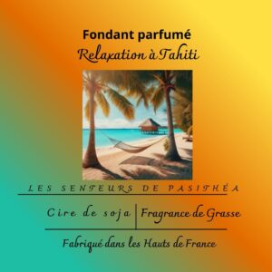 Étiquette du fondant parfumé 'Relaxation à Tahiti' à la cire de soja. L'illustration est une photo d'une plage de Tahiti avec un hamac et des palmiers, évoquant un parfum exotique et relaxant.