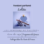 Étiquette du fondant parfumé 'Ange' à la cire de soja, inspiré du célèbre parfum Angel. L'illustration est une photo d'une statuette d'ange, évoquant un parfum gourmand, oriental et puissant.