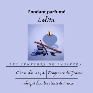 Étiquette du fondant parfumé 'Ange' à la cire de soja, inspiré du célèbre parfum Angel. L'illustration est une photo d'une statuette d'ange, évoquant un parfum gourmand, oriental et puissant.